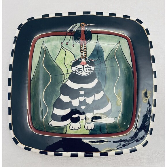 SWAK Lynda Corneille Plate Signed 2002 Peacock on Cat Head Wall Plate Square 12" - Picture 2 of 12